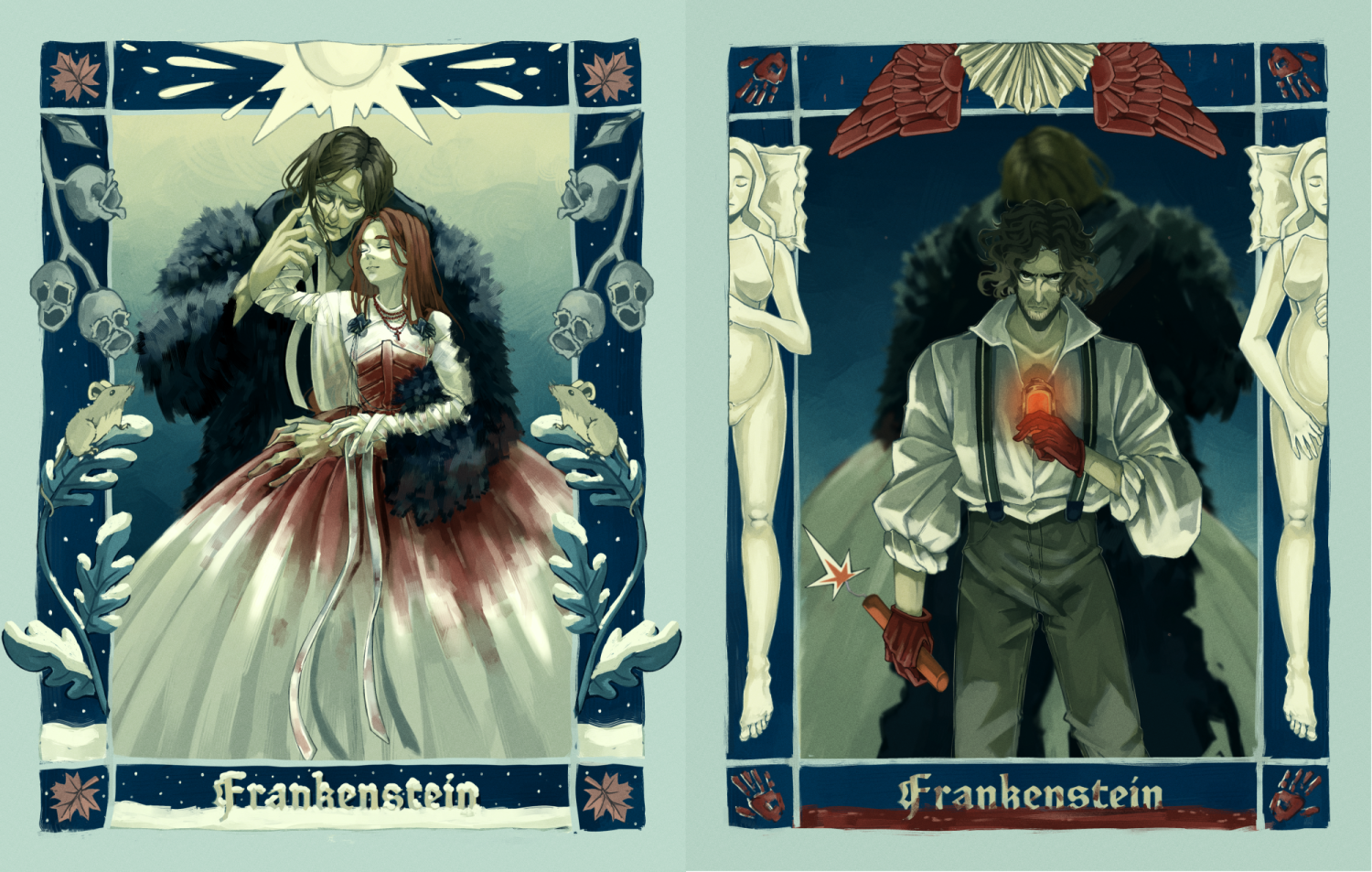 Frankenstein by Mary Shelley. Cover art for my hand-bound copy, inspired by Guillermo del Toro's movie adaption of the same title